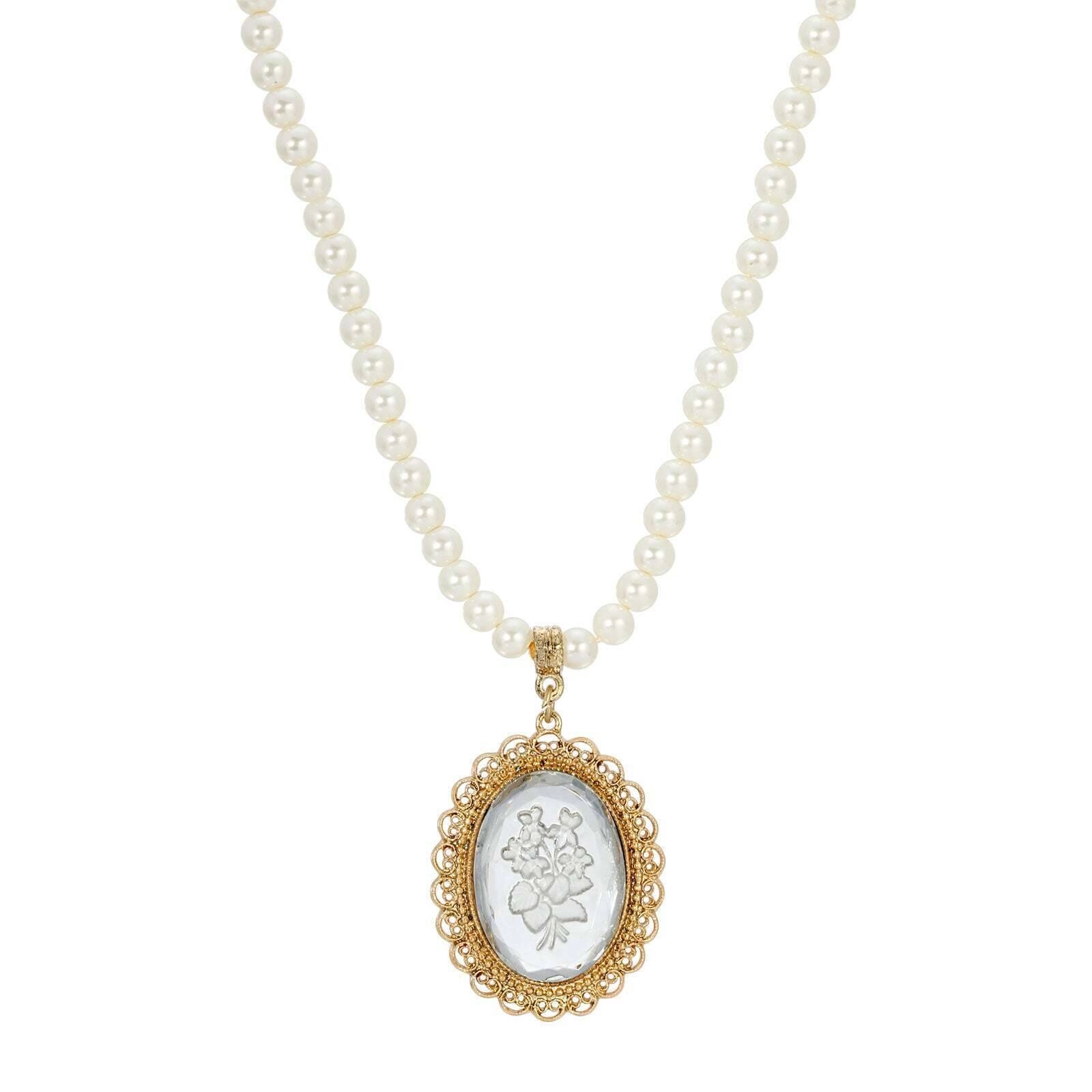 1928 Jewelry Glass Engraved Flowers 5mm Faux Pearl Strand Pendant Necklace, 15"   3" Extender