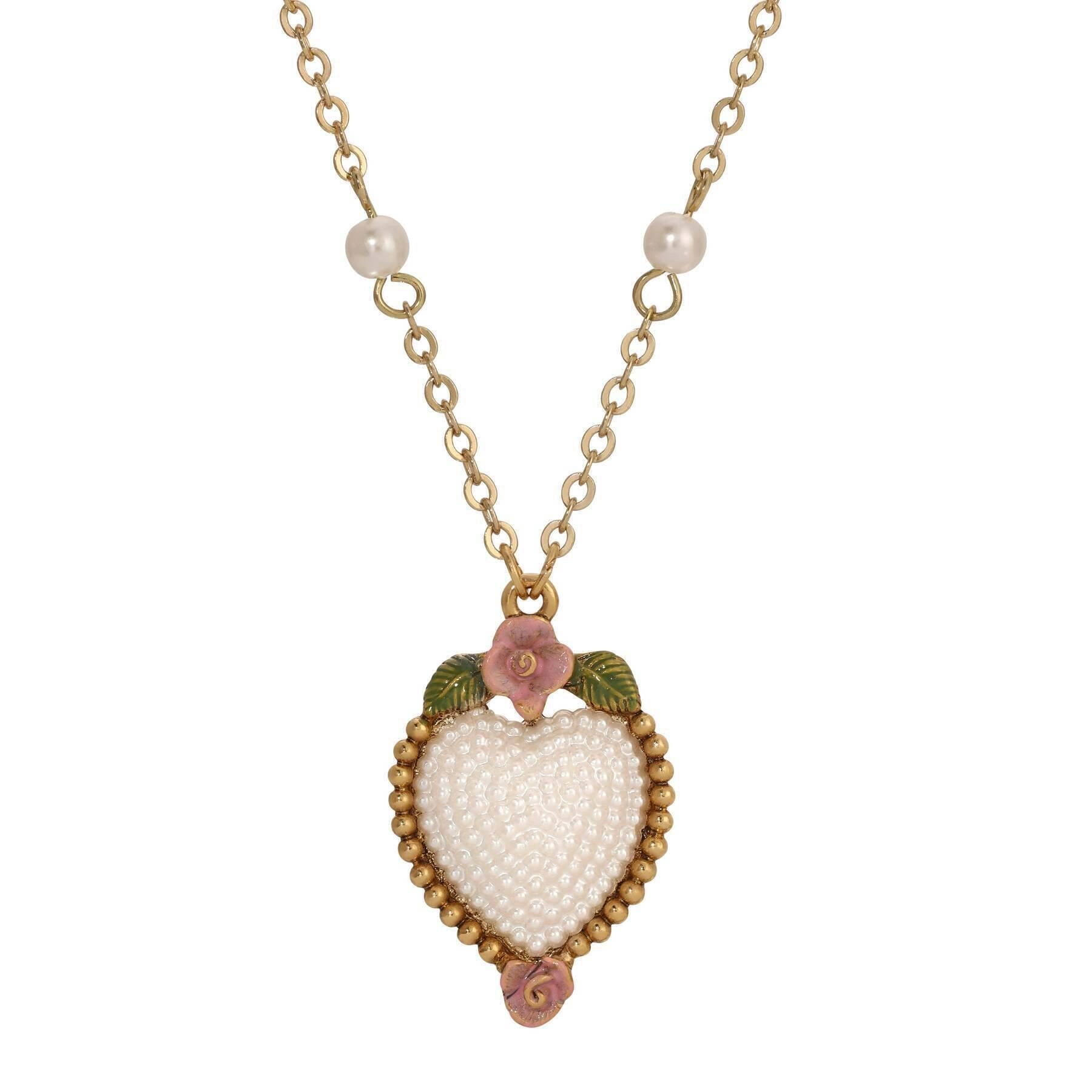 1928 Jewelry Pearly Eden Rose Enamel Faux Pearl Heart Pendant Necklace 16"   3" Extender