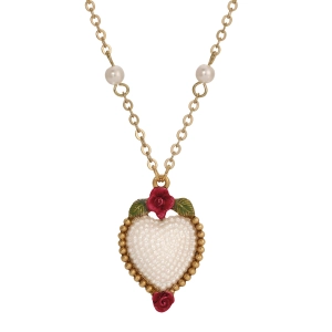 1928 Jewelry Pearly Eden Rose Enamel Faux Pearl Heart Pendant Necklace 16"   3" Extender