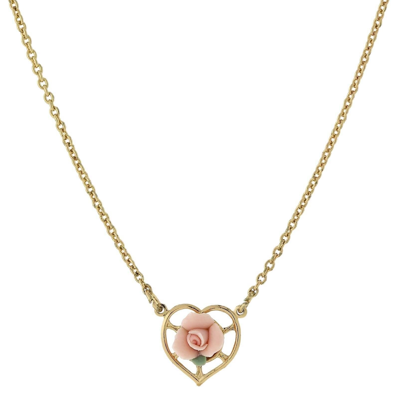 1928 Jewelry Porcelain Rose Heart Pendant Necklace 16"   3" Extender