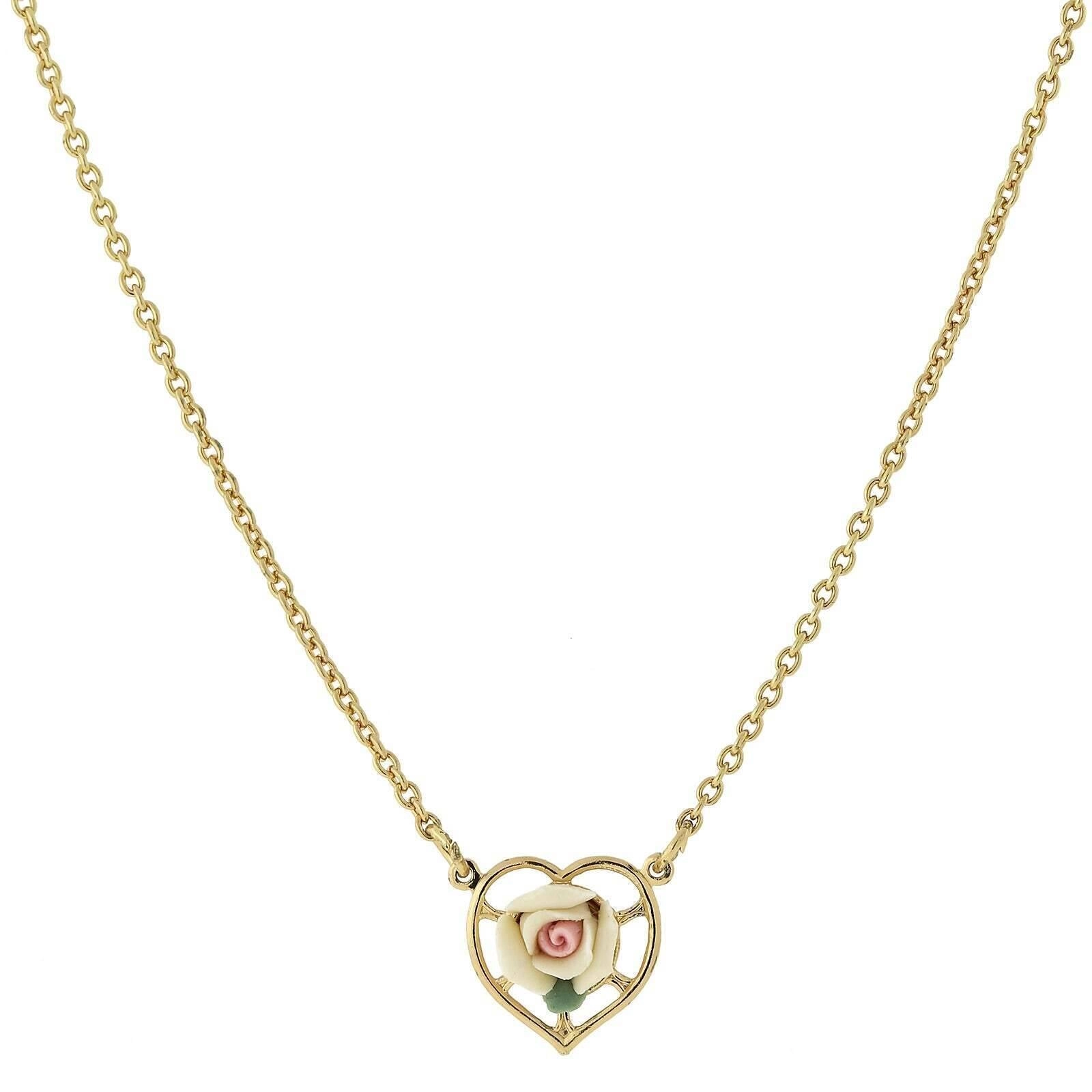 1928 Jewelry Porcelain Rose Heart Pendant Necklace 16"   3" Extender