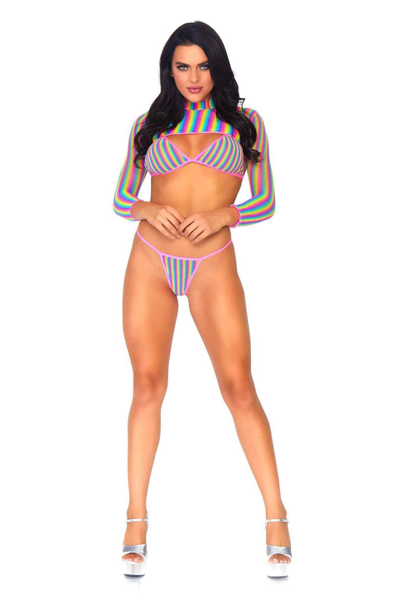 3 Piece Rainbow Fishnet Bikini Top, G-String, And Long Sleeved Crop Top Set