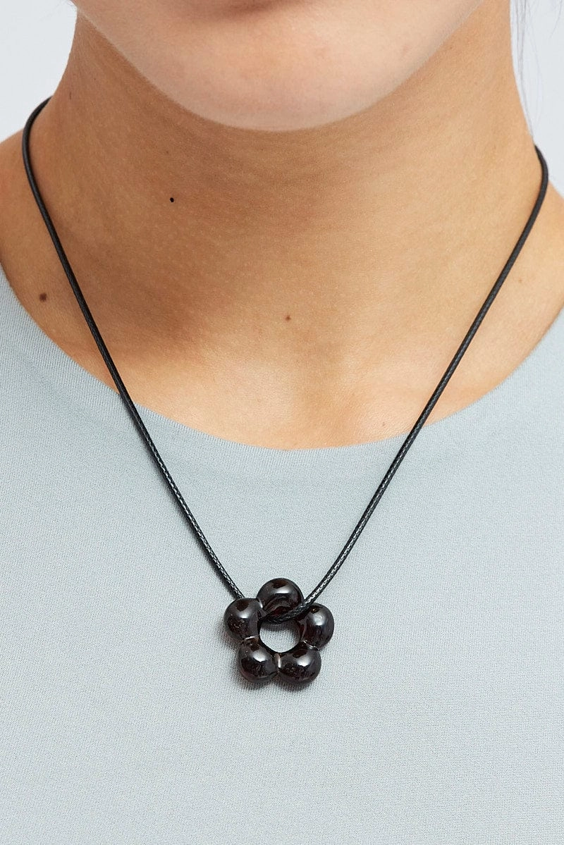 Brown Flower Pendant Corded Necklace
