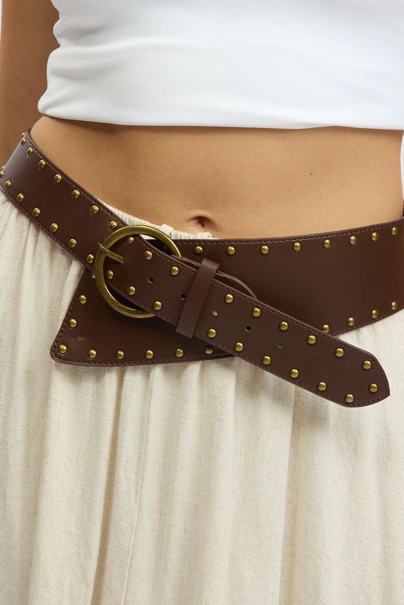 Brown Studded Detail Western Belt