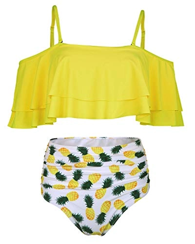 Charming Flounce Off Shoulder High Waisted Bikini Set-Yellow Pineapple