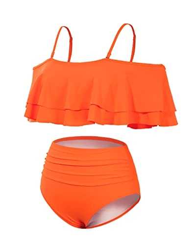 Charming Ruffle Off Shoulder Bikini Swimsuit-Neon Orange