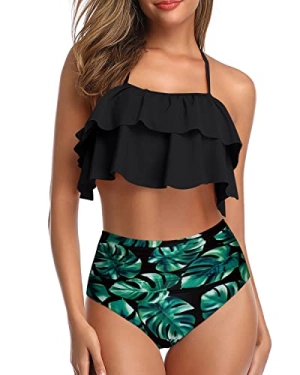 Elegant High Waisted Halter Bikini Set Tiered Ruffles-Black Leaf