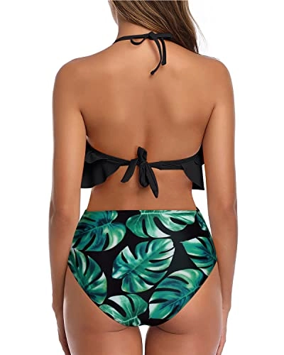 Elegant High Waisted Halter Bikini Set Tiered Ruffles-Black Leaf