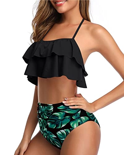 Elegant High Waisted Halter Bikini Set Tiered Ruffles-Black Leaf