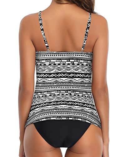 Elegant Ruched Tummy Control Two Piece Tankini Swimsuit-Black Tribal