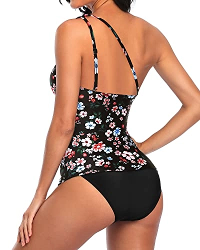 Fashionable One Shoulder Tankini Bikini Bottoms For Women-Black Flowers