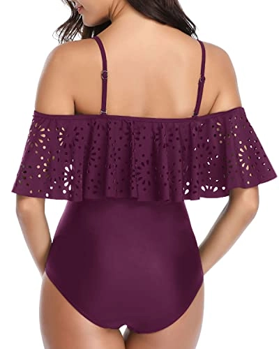 Feminine Padded Push Up Bras One Piece Off Shoulder Lace Swimsuits-Maroon