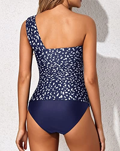Flattering One Shoulder Backless & Strapless One Shoulder Tankini Swimsuit-Navy Blue Dots