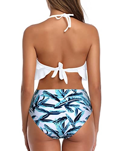Flattering Two Piece Ruffle High Waisted Bikini-White Leaf