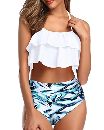 Flattering Two Piece Ruffle High Waisted Bikini-White Leaf