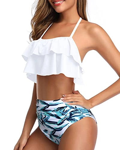 Flattering Two Piece Ruffle High Waisted Bikini-White Leaf