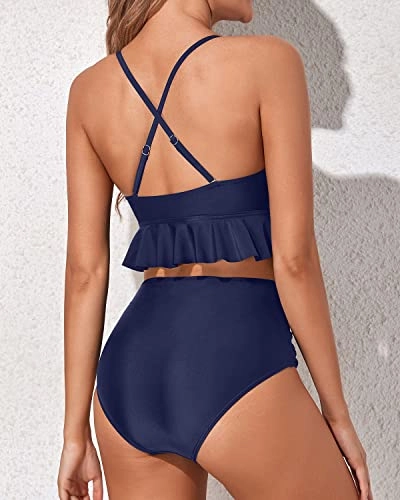 Flirty Ruffle Two Piece Tummy Control Bikini For Women-Navy Blue