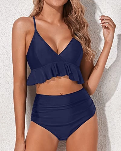 Flirty Ruffle Two Piece Tummy Control Bikini For Women-Navy Blue