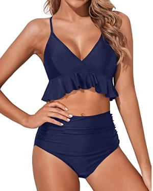 Flirty Ruffle Two Piece Tummy Control Bikini For Women-Navy Blue