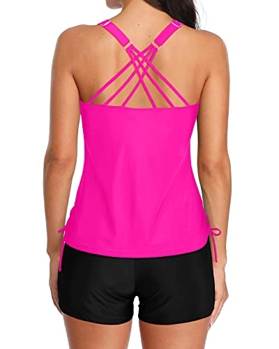 High Waisted Boyshorts Criss Cross Strappy Back Tankini-Neon Pink And Black