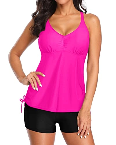 High Waisted Boyshorts Criss Cross Strappy Back Tankini-Neon Pink And Black