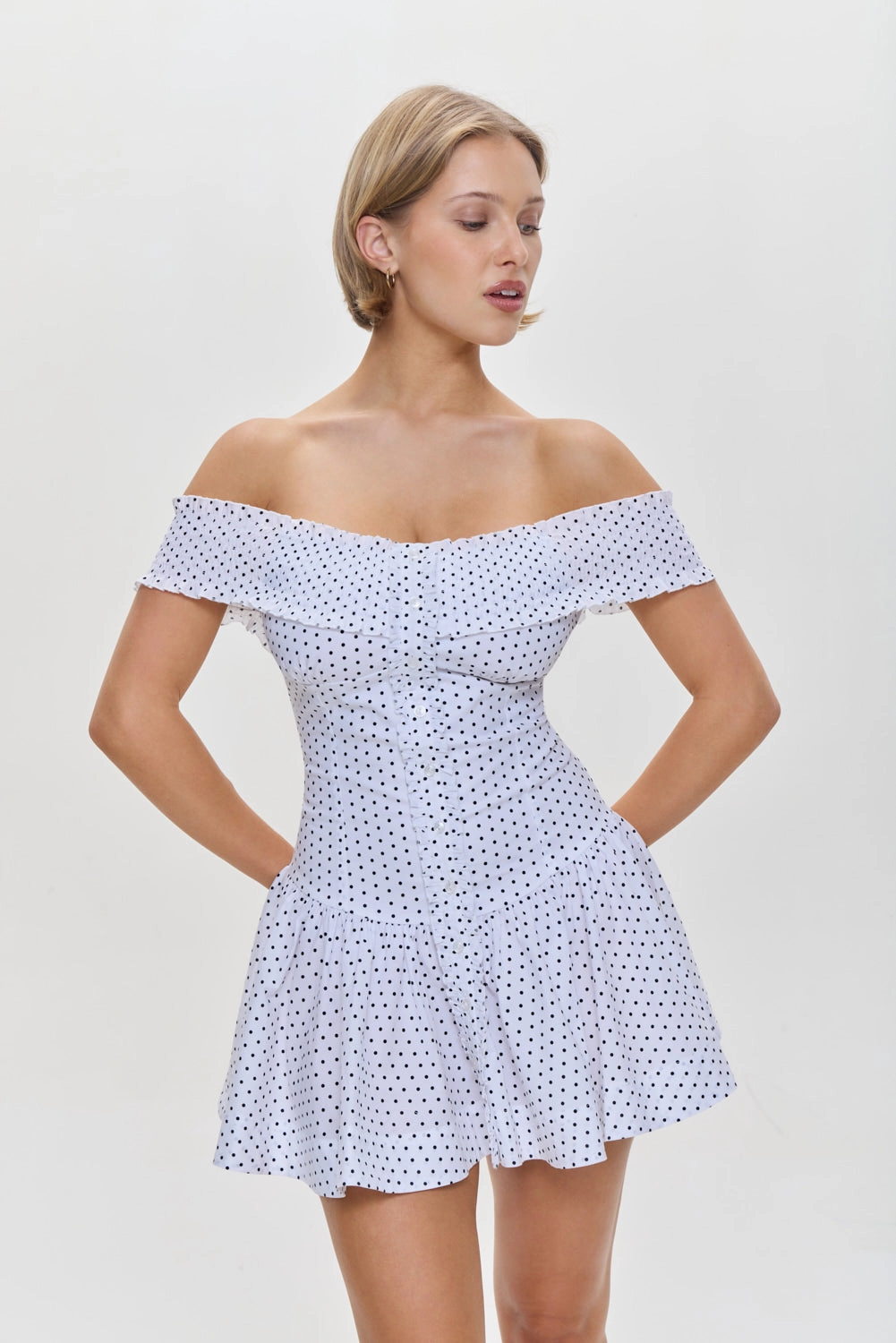 Mae Off Shoulder Mini Dress - White Polka Dot