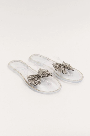 Metallic Rhinestone And Bow Decor Slippers