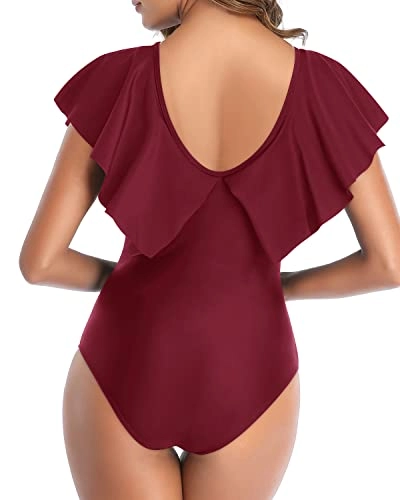 Modest Coverage Flounce Sleeve V Neck One Piece Swimsuit-Maroon