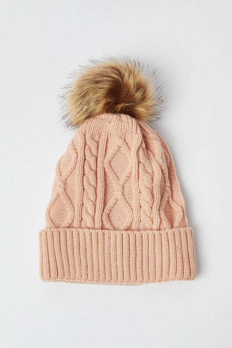 Pink Faux Fur Pom Pom Beanie