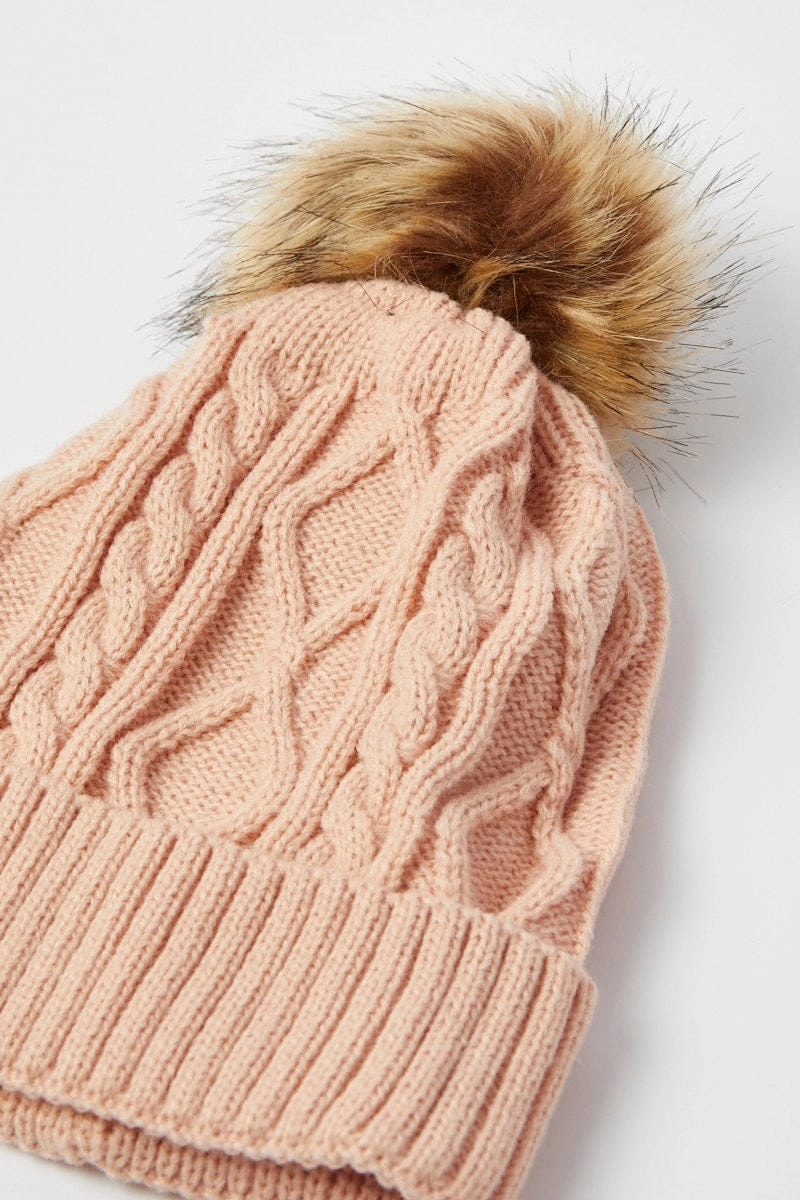 Pink Faux Fur Pom Pom Beanie