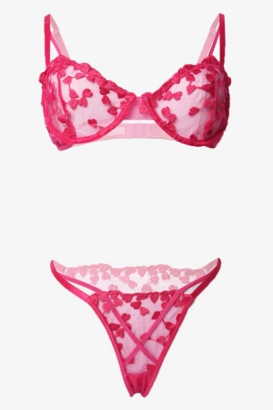 Pink Heart Embroidery Lingerie Set