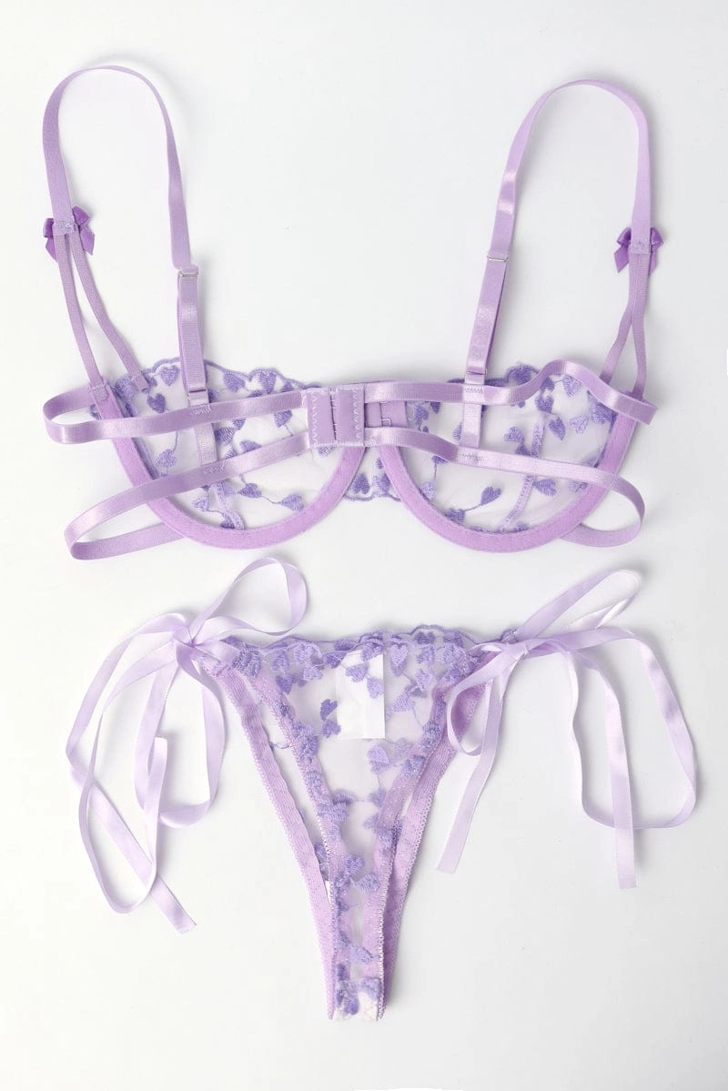 Purple Heart Embroidery Lingerie Set