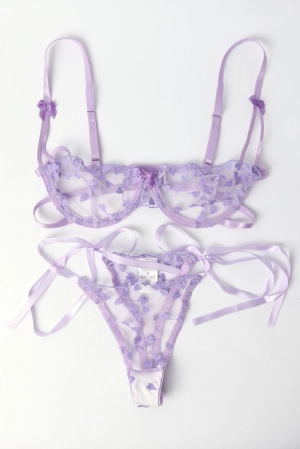 Purple Heart Embroidery Lingerie Set