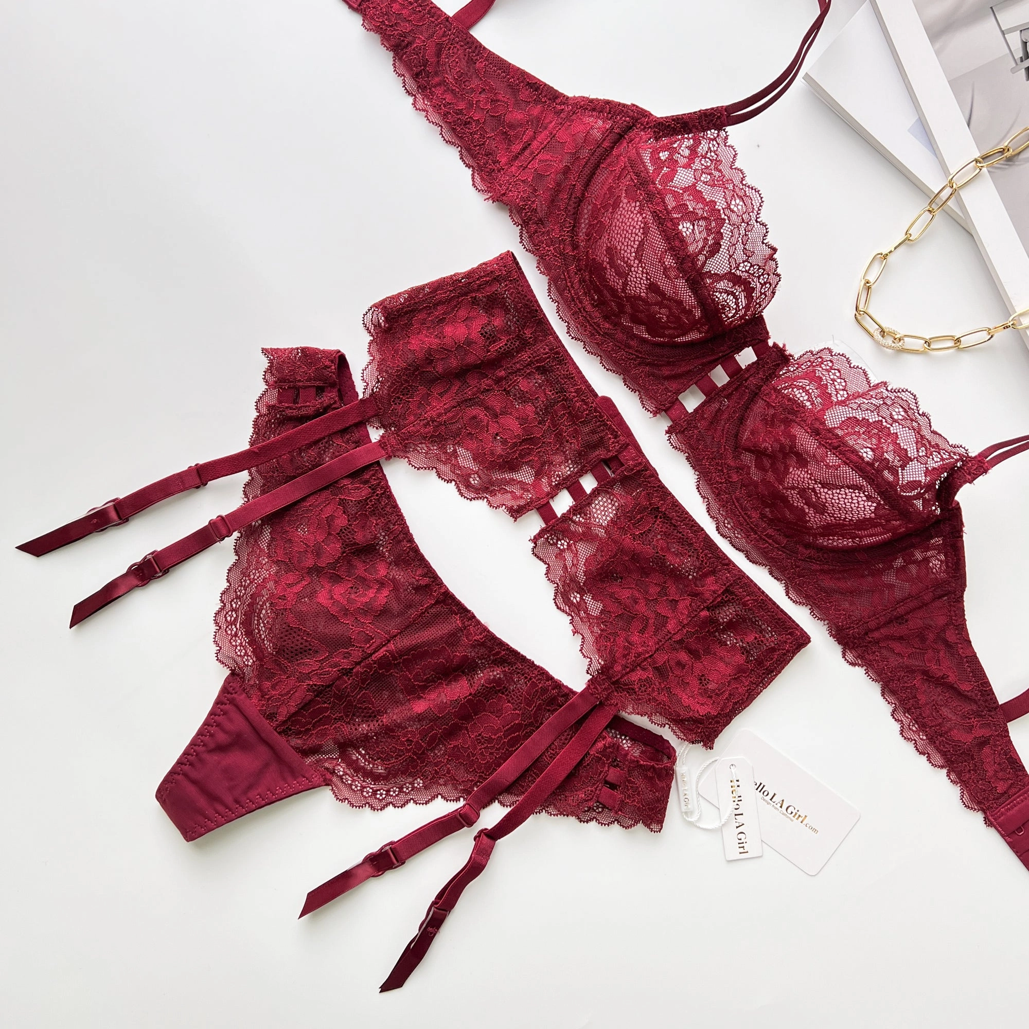 Red Floral Lace Trim Garter Belt Lingerie
