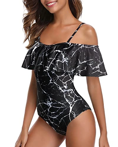 Retro Off Shoulder One Piece Swimsuit for Women Ruffle Tummy Control Bathing Suit