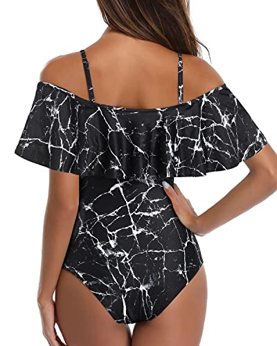 Retro Off Shoulder One Piece Swimsuit for Women Ruffle Tummy Control Bathing Suit