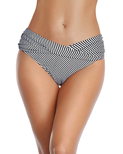 Ruched Bikini Bottom Cheeky High Cut Bathing Suit Bottoms-Black And White Stripe