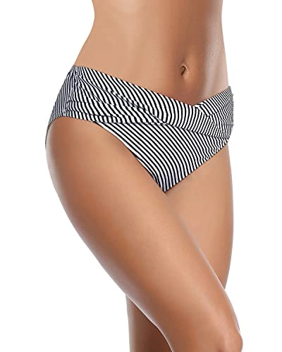 Ruched Bikini Bottom Cheeky High Cut Bathing Suit Bottoms-Black And White Stripe