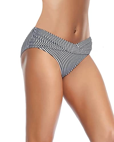Ruched Bikini Bottom Cheeky High Cut Bathing Suit Bottoms-Black And White Stripe
