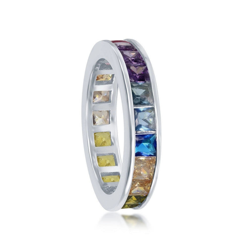 Sterling Silver Channel Set Rainbow CZ Band Ring - W-2130