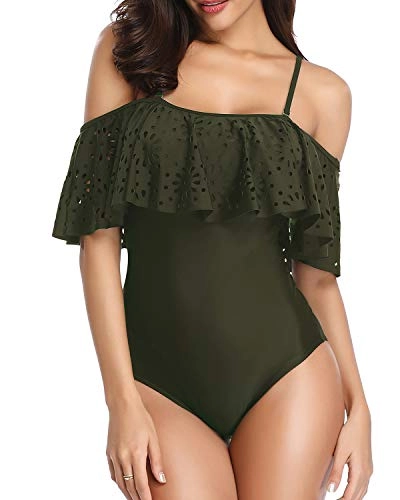 Trendy Adjustable Shoulder Straps One Piece Off Shoulder Lace Swimsuits-Army Green