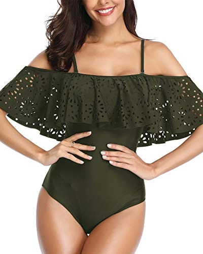 Trendy Adjustable Shoulder Straps One Piece Off Shoulder Lace Swimsuits-Army Green