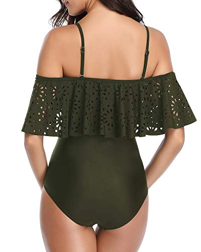 Trendy Adjustable Shoulder Straps One Piece Off Shoulder Lace Swimsuits-Army Green