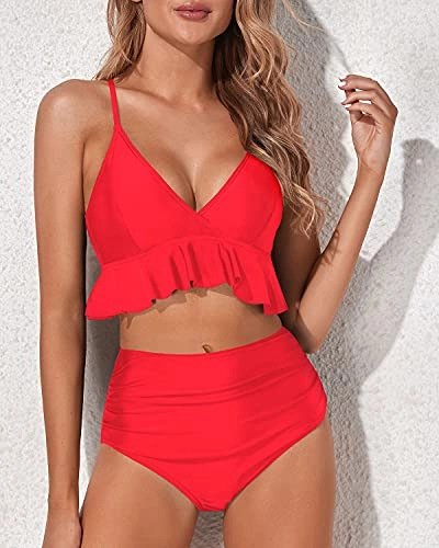 Two Piece Charming Deep V Neck Tummy Control Bikini Set-Neon Red