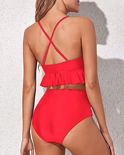 Two Piece Charming Deep V Neck Tummy Control Bikini Set-Neon Red