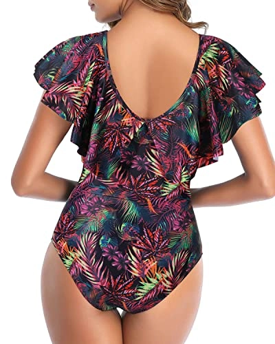 V Back Ruffle Shoulders One Piece Swimsuit-Purple Leaf