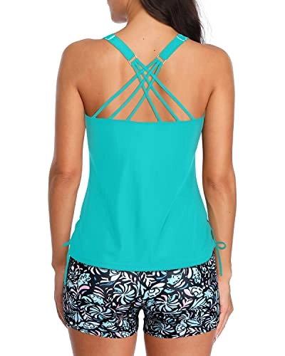 V-Neck Ruched Front Criss Cross Strappy Back Tankini-Light Blue-Green Floral