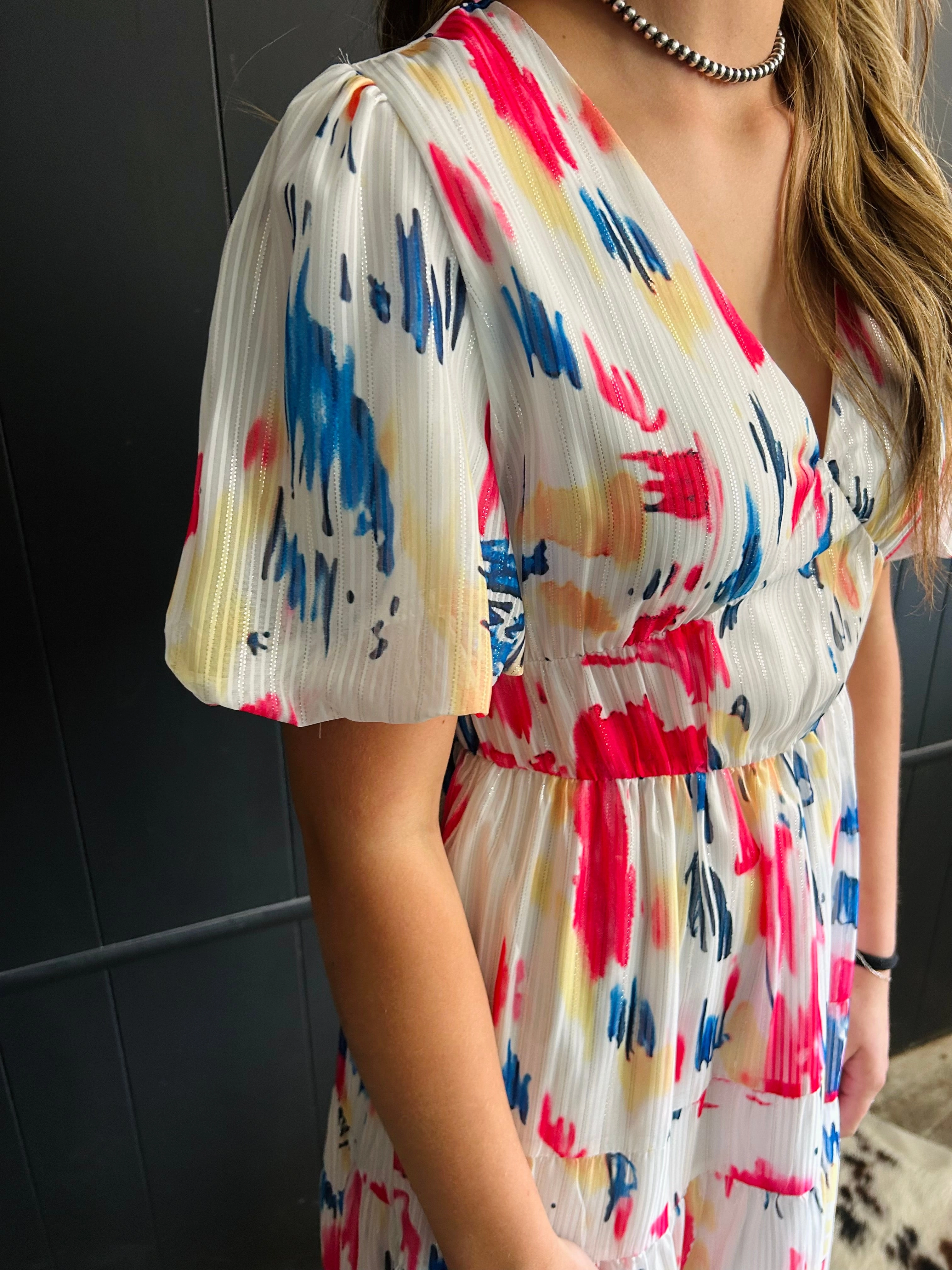 Water Color Print Puff Sleeve Tiered Maxi Dress