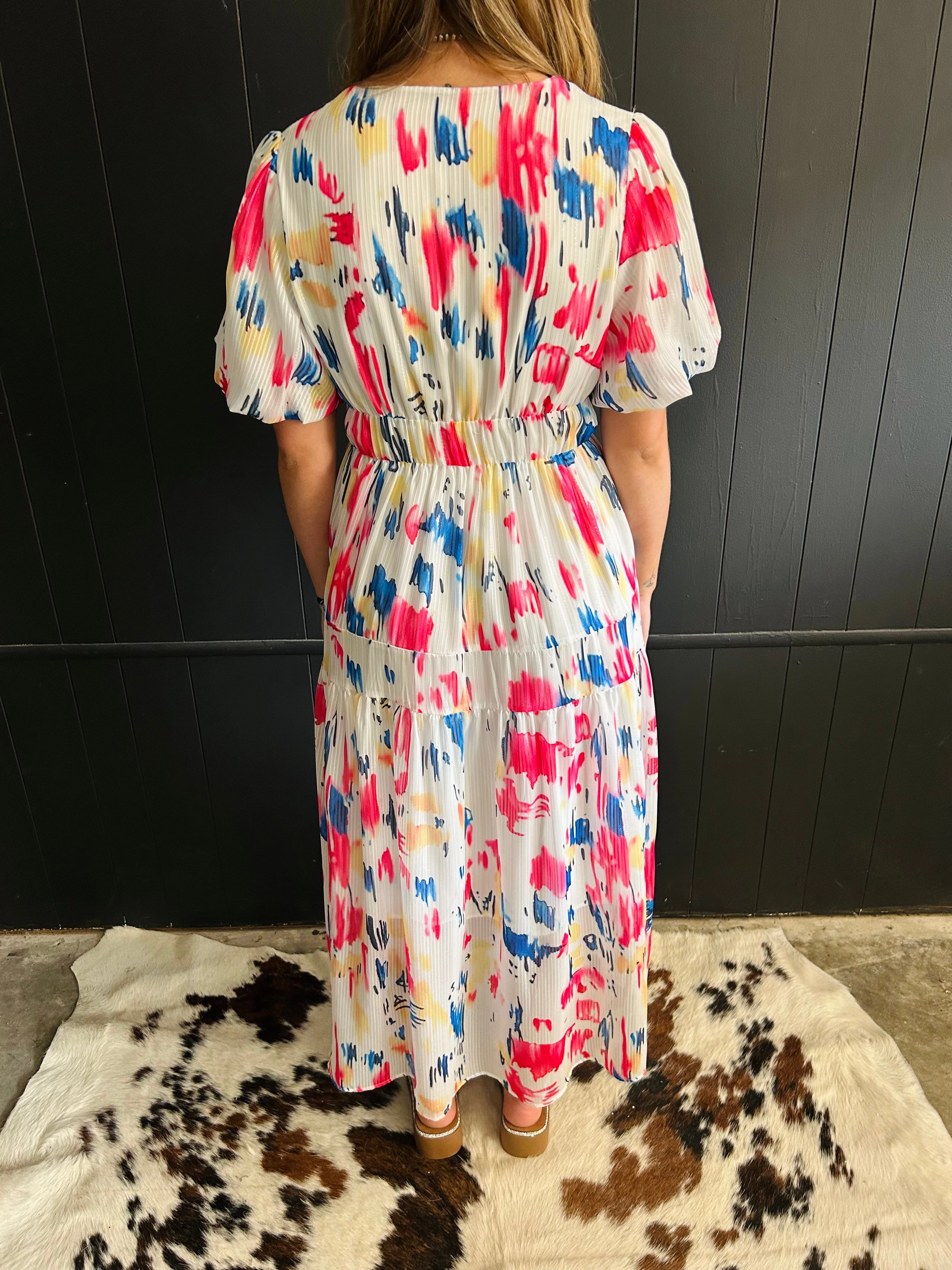 Water Color Print Puff Sleeve Tiered Maxi Dress