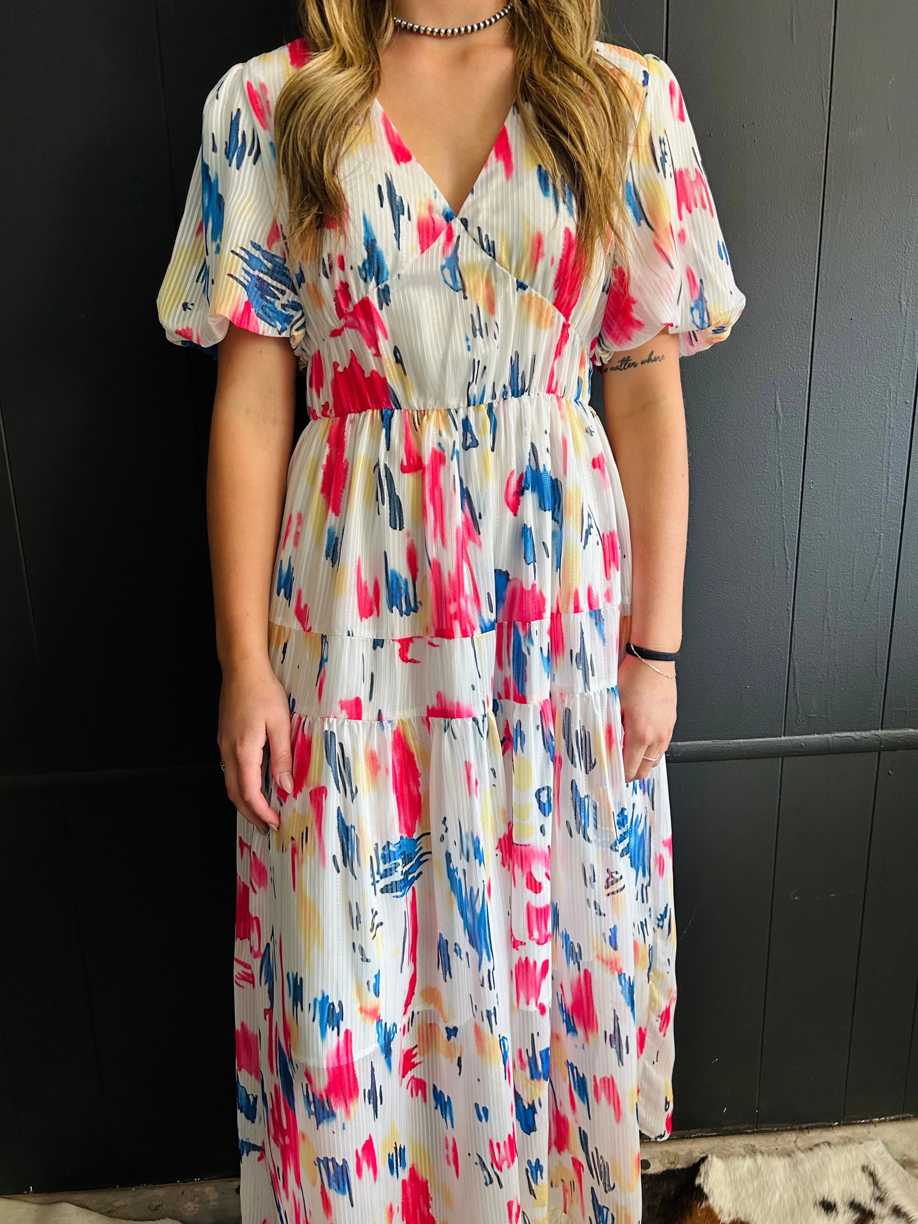 Water Color Print Puff Sleeve Tiered Maxi Dress